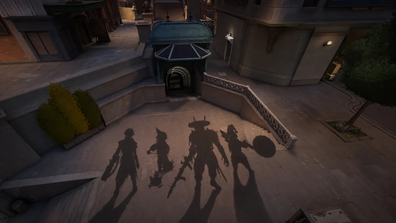 Sombras de heróis de Deadlock projetadas no chão em frente à entrada do metrô da Cursed Apple