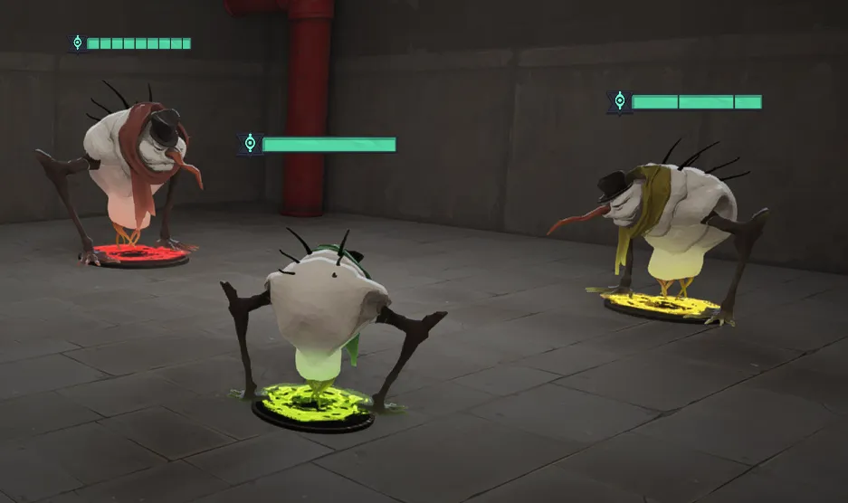 Denizens de um acampamento neutro em Deadlock, cada um sobre a plataforma de spawn