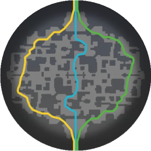 Minimapa do Deadlock mostrando as três lanes: amarela a oeste, azul no centro e verde a leste