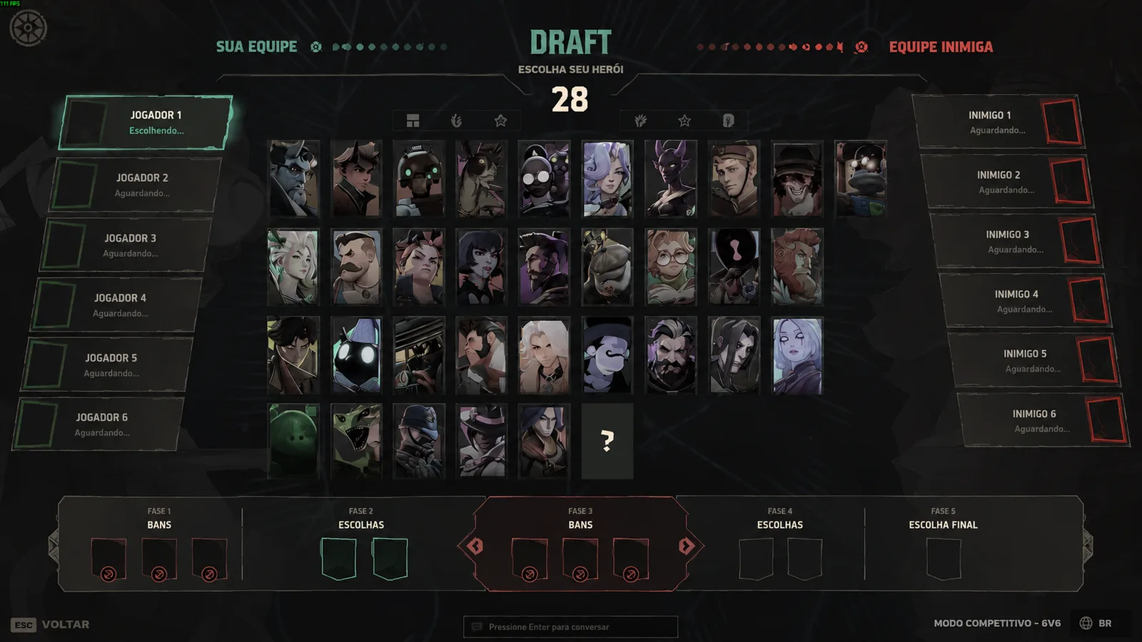 Tela de draft do Deadlock em português, com as cinco fases de bans e escolhas e o elenco completo de heróis