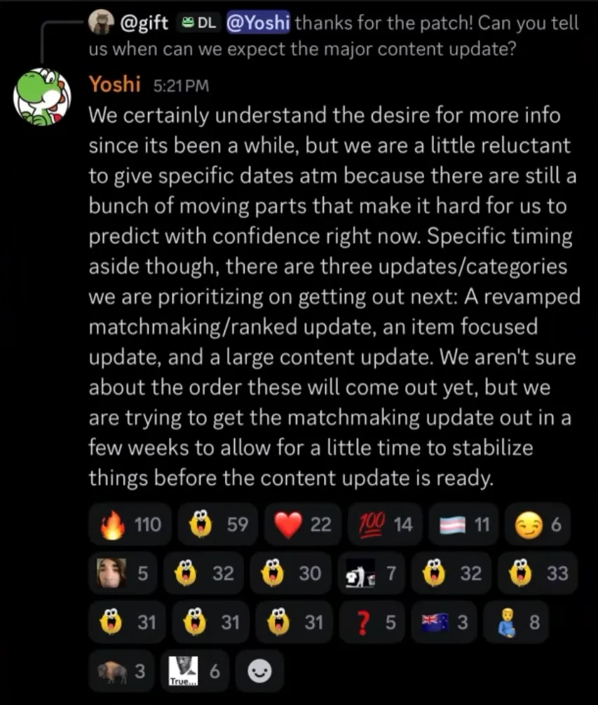 Mensagem do Yoshi no Discord oficial do Deadlock sobre as três atualizações prioritárias