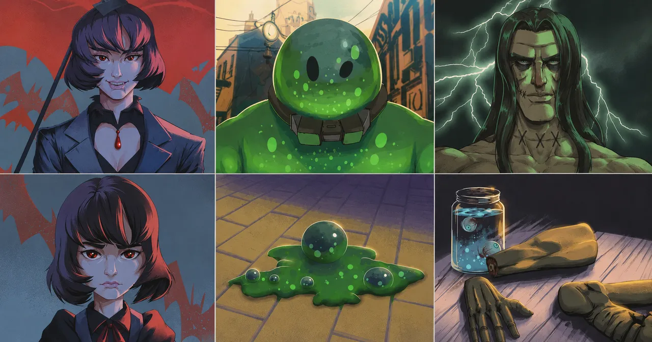 Arte dos heróis de Deadlock em seis quadros: dois retratos de Mina cercada de morcegos, Viscoso andando pela cidade e derretido no chão, e Victor sob relâmpagos ao lado de seus membros desmontados e um pote com olhos