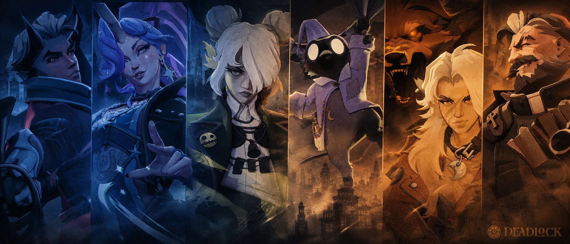 Os seis novos herois de Deadlock do update Old Gods, New Blood, da esquerda para a direita: Apollo, Celeste, Graves, Rem, Silver e Venator
