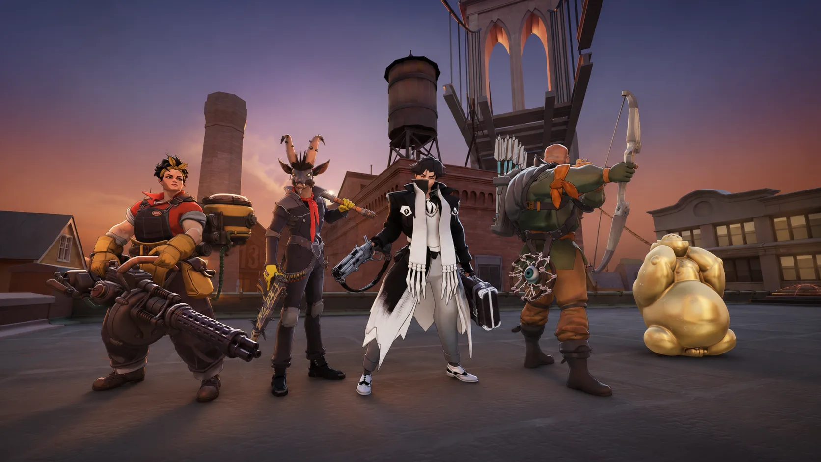 Cinco heróis de Deadlock com visuais alternativos posando num telhado ao pôr do sol