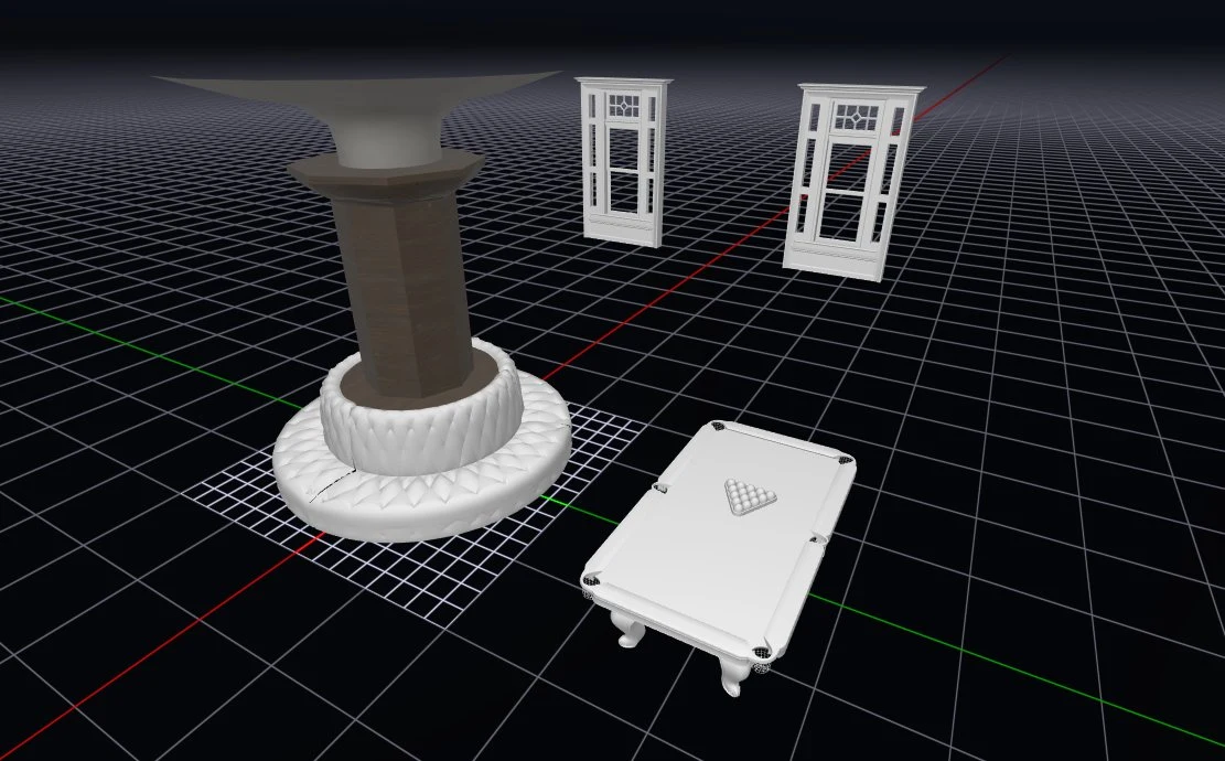 Render dos assets do bar do Deadlock: balcão redondo com dossel, dois armários envidraçados e uma mesa de sinuca com as bolas montadas