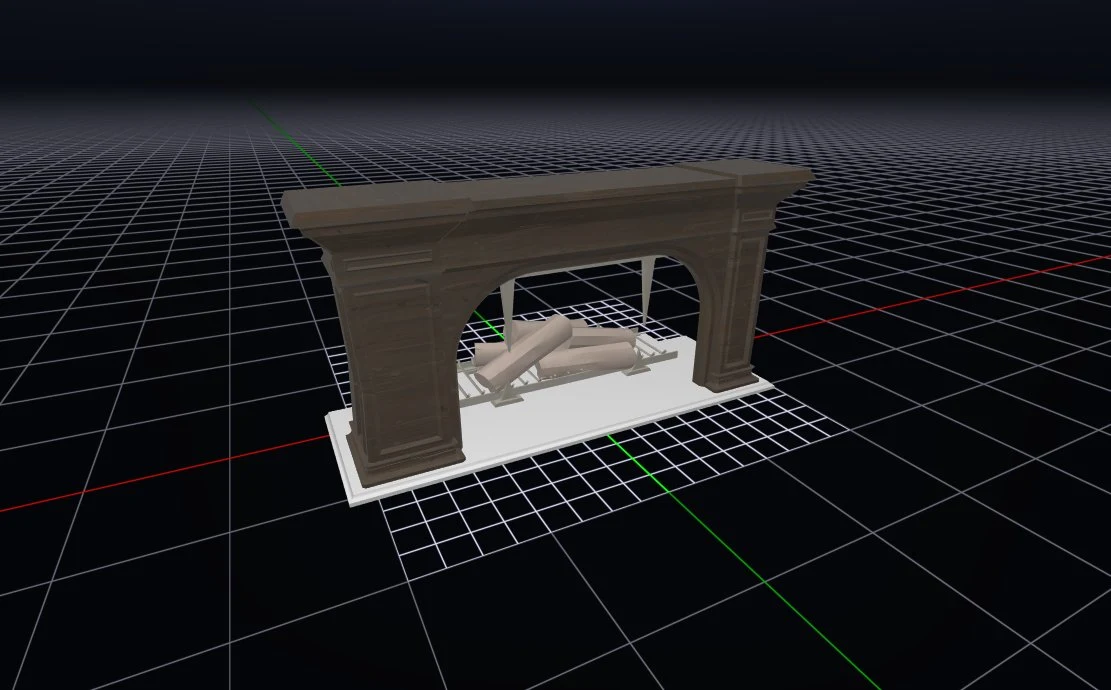 Render do modelo da lareira do bar do esconderijo do Deadlock, com lenha empilhada