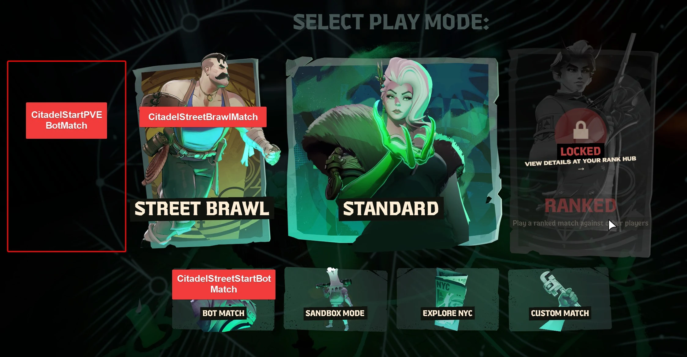 Tela de seleção de modo do Deadlock com um espaço vazio destacado em vermelho identificado como CitadelStartPVEBotMatch, ao lado de Street Brawl, Standard e Ranked