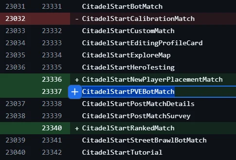 Diff das strings do Deadlock mostrando CitadelStartPVEBotMatch e CitadelStartRankedMatch sendo adicionados, separados do CitadelStartBotMatch já existente