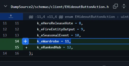 Diff do arquivo EHideoutButtonAction.h do Deadlock mostrando as linhas k_eWardrobe = 11 e k_eRankedHub = 12 sendo adicionadas